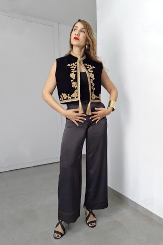 Farmla Anissa Velours Chic Col Officier Broderie Fleur