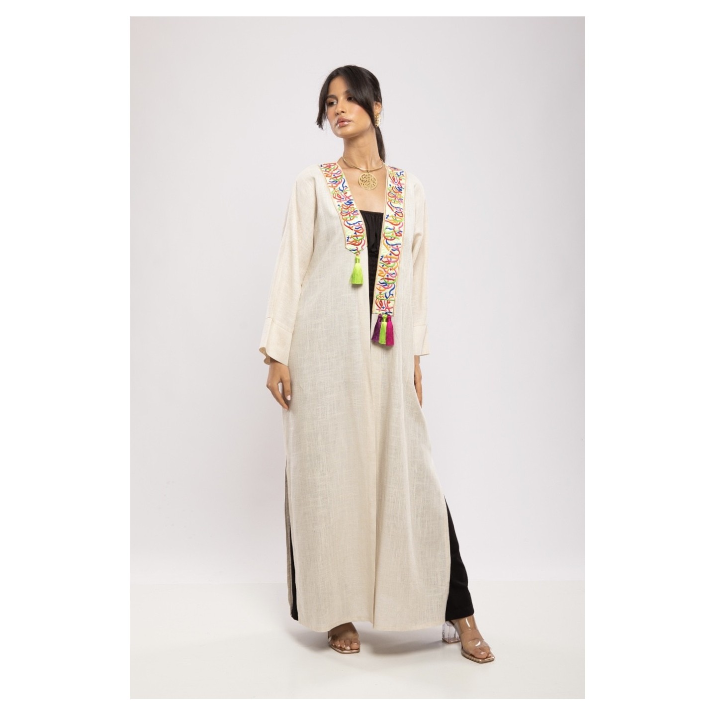 Abaya Bahiya Lin Coton Calligraphie Évasée Chic Élégante