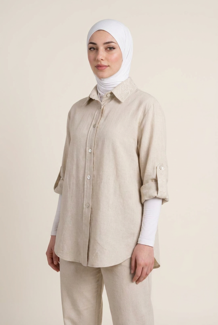 Ensemble Long en Lin Alizé — Style Casual Chic & Broderie Tunisienne
