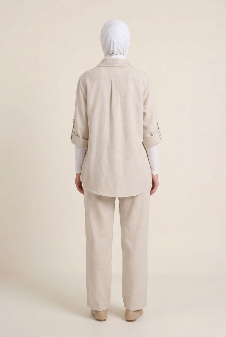 Ensemble Long en Lin Alizé — Style Casual Chic & Broderie Tunisienne