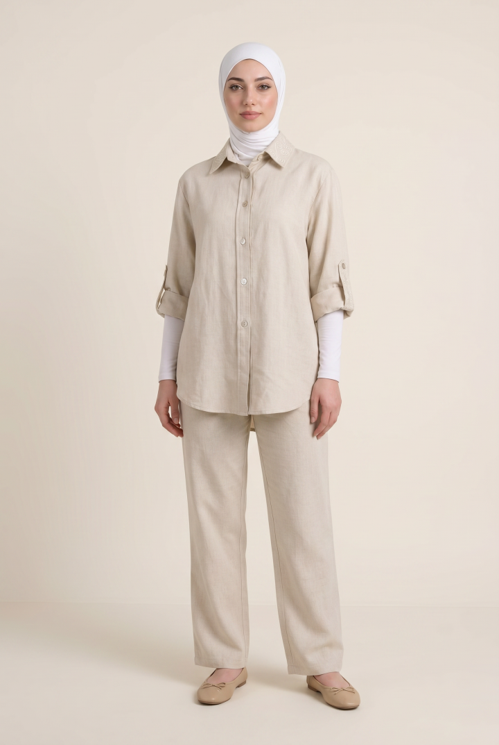 Ensemble Long en Lin Alizé — Style Casual Chic & Broderie Tunisienne