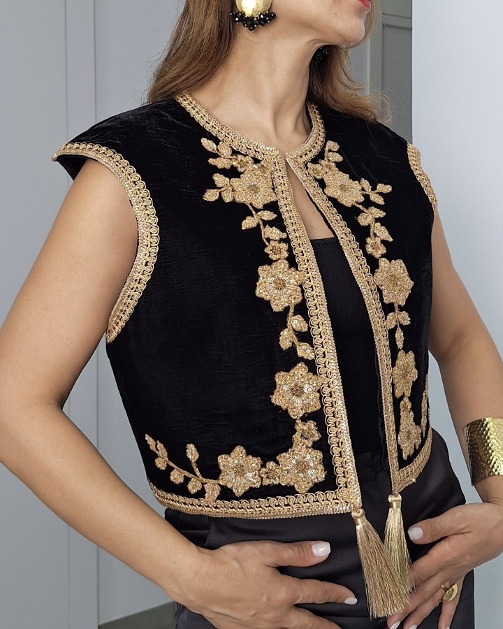 Veste Ines Velours — Épaules Structurées & Broderie de Luxe